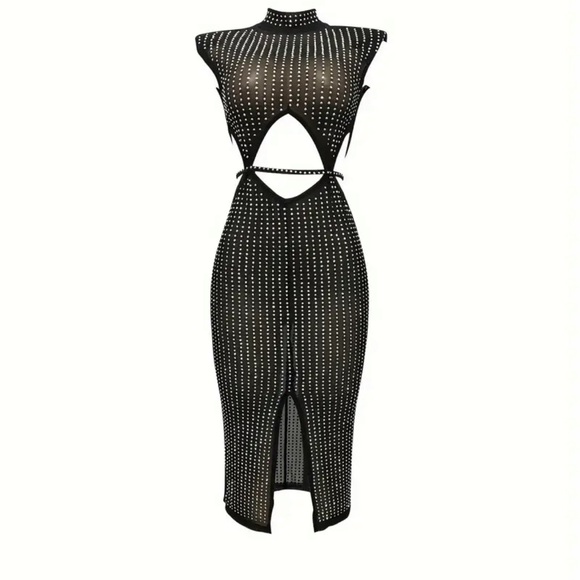 Sleeveless Mesh See-Through Rhinestone Studded Bodycon Midi Dress Size XXL - Picture 2 of 9